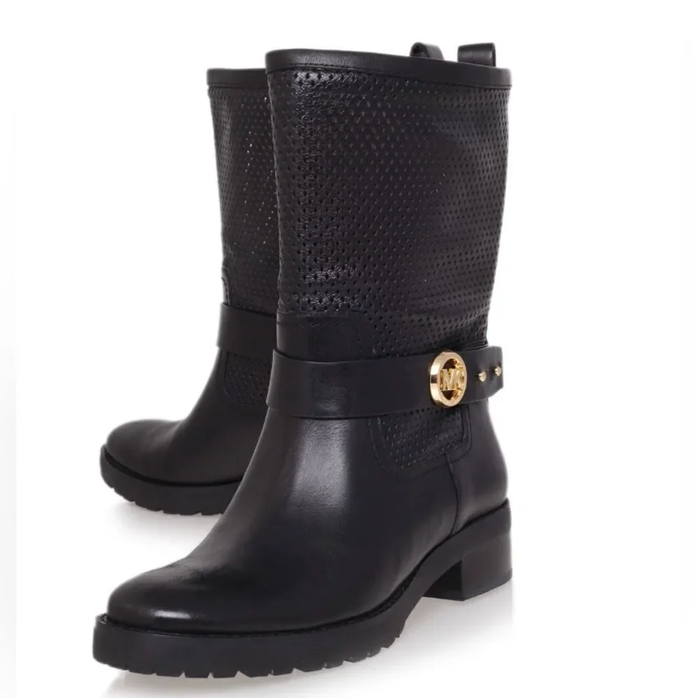 Womens MICHAEL Michael Kors Daria Flat Mid-Calf biker Boot black leather nib nwt